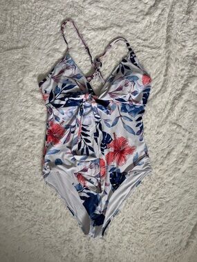 Cupshe White Floral One-Piece Swimsuit with Blue & Pink Accents